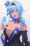  1girl :d absurdres asymmetrical_hair black_dress black_hairband blue_flower blue_hair blue_nails blue_rose breasts butterfly_hair_ornament cleavage cup detached_collar dress dress_flower eula_(genshin_concert)_(genshin_impact) eula_(genshin_impact) flower genshin_impact gradient_eyes hair_between_eyes hair_flower hair_ornament hairband highres holding holding_cup kokomi_(aniesuakkaman) large_breasts long_hair multicolored_eyes off-shoulder_dress off_shoulder official_alternate_costume rose simple_background smile solo 