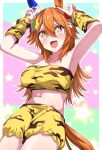  +_+ 1girl absurdres alternate_costume alternate_hairstyle animal_ears armpits arms_up blush breasts cleavage commentary_request hair_between_eyes hair_ornament highres horse_ears horse_tail long_hair looking_at_viewer matikanefukukitaru_(umamusume) medium_breasts navel nerukichikatafukuma oni_costume open_mouth orange_eyes orange_hair shorts simple_background solo tail umamusume 