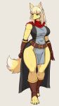  anthro bangs belt big_breasts blonde_hair bottomwear breasts canid canine clothed clothing dipstick_tail dress female fluffy fluffy_tail footwear gloves green_eyes hair handwear hi_res loincloth mammal markings smile solo tail tail_markings thick_thighs toeless_footwear wide_hips zeekzag 