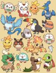  2027_(submarine2027) :d =3 ^_^ alternate_color arm_up arms_up articuno bird black_eyes blush bright_pupils brown_background brown_eyes chibi closed_eyes closed_mouth colored_sclera commentary_request cramorant decidueye delibird feathers fire fletchling flying galarian_farfetch&#039;d highres hoothoot jitome looking_at_viewer looking_to_the_side moltres no_humans notice_lines one_eye_closed open_mouth pidove pokemon pokemon_(creature) rainbow_feather_(pokemon) red_eyes red_sclera rowlet shiny_pokemon sideways_glance silver_feather_(pokemon) simple_background sleeping smile smirk sparkle spring_onion talons tongue torchic toucannon v-shaped_eyebrows webbed_feet white_pupils xatu yellow_eyes zzz 