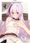  1girl ahoge bare_shoulders blush border breasts bright_pupils closed_mouth commentary_request crim destiny_unchain_online:_kyuuketsuki_shoujo_to_natte_yagate_aka_no_maou_to_yobareru_you_ni_narimashita detached_sleeves hand_on_own_chest highres light_purple_hair long_hair looking_down multicolored_hair pink_eyes pointy_ears reclining red_hair small_breasts solo streaked_hair sweat sweatdrop upper_body white_border white_pupils yachimoto 