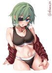  1girl bare_shoulders black_sports_bra blue_eyes breasts cleavage ebifurya eyepatch green_hair hair_between_eyes highres jacket kantai_collection kiso_(kancolle) long_sleeves looking_at_viewer medium_breasts midriff navel one-hour_drawing_challenge open_clothes open_jacket red_jacket short_hair simple_background solo sports_bra twitter_username white_background 