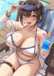  1girl absurdres bare_shoulders beach_chair bikini blush breasts brown_hair cleavage collarbone cup highres jacket large_breasts long_sleeves looking_at_viewer momo_no_sukebe navel off_shoulder open_clothes open_jacket open_mouth original short_hair sitting smile solo swimsuit thigh_strap thighs tongue tongue_out visor_cap wet white_bikini white_jacket yellow_eyes 