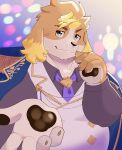  absurd_res amidasuke anthro blonde_hair canid canine canis corsage domestic_dog floppy_ears green_eyes hair hi_res hisaki_(live_a_hero) host lifewonders live_a_hero looking_at_viewer male mammal necktie pawpads slightly_chubby smile solo 