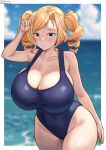  1girl alternate_costume beach blonde_hair blue_eyes blue_one-piece_swimsuit blue_sky border breasts cloud cloudy_sky competition_swimsuit cowboy_shot dated day drill_hair highres honolulu_(kancolle) huge_breasts kantai_collection long_hair ocean one-piece_swimsuit shiromaru_(maniado) sky solo swimsuit twin_drills twintails twitter_username white_border 