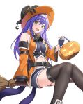  1girl :d bare_shoulders belt black_gloves blue_hair broom clothing_cutout commentary detached_sleeves fingerless_gloves fire_emblem fire_emblem:_radiant_dawn fire_emblem_heroes gloves green_eyes hairband halloween_costume hat highres long_hair looking_at_viewer mia_(fire_emblem) mia_(halloween)_(fire_emblem) midriff navel_cutout official_alternate_costume open_mouth purple_hair simple_background sitting smile solo takaneko thighhighs white_background white_hairband witch_hat 