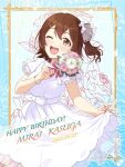  1girl bouquet bow brown_eyes brown_hair character_name dated dress dress_bow hair_ornament hairclip happy_birthday highres idolmaster idolmaster_million_live! kasuga_mirai lace-trimmed_dress lace_trim one_eye_closed one_side_up open_mouth pink_nails shiro_(ongrokm) short_hair smile solo white_bow white_dress 
