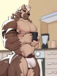  anthro appliance aquaticrecon balls_outline biceps biped black_markings body_hair brown_body brown_fur brown_tail bulge clothing eyebrows fur genital_outline hair holding_mug holding_object inside kitchen kitchen_appliance male markings mug muscular_thighs nipples orange_eyes pecs penis_outline pink_nipples solo solo_focus standing tail triceps tuft underwear white_clothing white_hair white_underwear 