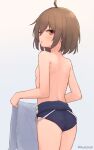  1girl ahoge artist_name ass back blush breasts brown_hair centi_mnkt chestnut_mouth clothing_aside cowboy_shot highres holding holding_towel looking_at_viewer looking_back new_school_swimsuit one-piece_swimsuit open_mouth original school_swimsuit short_hair small_breasts solo swimsuit swimsuit_aside topless towel twitter_username 