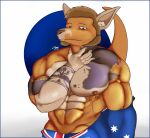  abs anthro arm_tattoo australia australian australian_flag big_muscles big_pecs chest_tattoo facial_hair hair hand_on_neck hi_res kangaroo krowbutt macropod male mammal marsupial muscular muscular_male nipples pecs solo tattoo wearing_flag 