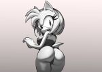  2023 absurd_res amy_rose anthro apsel_bluestar breasts butt clothing eulipotyphlan female hedgehog hi_res looking_at_viewer looking_back looking_back_at_viewer mammal monochrome open_mouth sega simple_background sketch solo sonic_the_hedgehog_(series) 