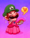  1boy artist_name blush brown_hair closed_eyes closed_mouth crossdressing dress facial_hair gem gloves gradient_background green_headwear hand_fan hand_on_own_face happy hat heart holding holding_fan leonieyue luigi making-of male_focus mario_&amp;_luigi:_superstar_saga mario_&amp;_luigi_rpg mario_(series) mixed-language_commentary mustache pink_background pink_dress purple_background rocket_launcher rpg shadow simple_background smile solo sparkle speech_bubble thick_eyebrows weapon white_gloves 