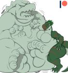  anthro breasts butt claws digestion digestion_noises dinosaur duo face_imprint feathered_dinosaur feathers female godzilla godzilla_(series) green_body heartman98 hi_res imprint kaiju male overweight reptile scalie size_difference smaller_pred thick_thighs toho vore 