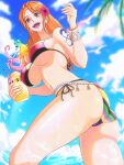  1girl absurdres bangle bikini blue_sky bracelet breasts cup earrings flower from_below hair_flower hair_ornament highres holding holding_cup jewelry large_breasts long_hair looking_at_viewer nami_(one_piece) navel octopus one_piece opalis open_mouth orange_eyes orange_hair outdoors pearl_earrings shoulder_tattoo sky solo swimsuit tattoo underboob 