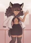  anthro brown_body brown_clothing brown_dress brown_hair canid canine canis clothing domestic_dog dress female hair hi_res legwear mammal solo stockings tanatos_(artist) 