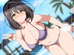 1girl absurdres beach bent_over bikini black_hair blush breasts censored cleavage closed_mouth collarbone commentary_request highres idoly_pride karakuri_musha large_breasts long_hair looking_at_viewer mosaic_censoring navel one_eye_closed open_mouth outdoors purple_bikini saeki_haruko_(idoly_pride) short_hair solo swimsuit v viewfinder yellow_eyes 