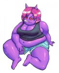  anthro belly big_belly bottomwear breasts clothed clothing cutoffs denim denim_clothing female generation_1_pokemon gengar grin hair hi_res looking_at_viewer navel nintendo noctoon obese obese_anthro obese_female overweight overweight_anthro overweight_female pink_hair pokemon pokemon_(species) red_eyes shadie_(noctoon) shirt shorts simple_background sitting smile solo tank_top topwear white_background 