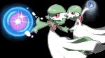  2girls arm_at_side arm_up bare_shoulders black_background blacknirrow bob_cut colored_skin commentary dress elbow_gloves energy_ball english_commentary flat_chest from_behind gardevoir gloves green_hair green_skin hair_over_one_eye happy highres looking_at_another mega_gardevoir mega_pokemon moon moonblast_(pokemon) multicolored_skin multiple_girls one_eye_covered open_mouth outline outstretched_arm outstretched_arms pokemon pokemon_(creature) pokemon_move red_eyes short_hair simple_background smile standing strapless strapless_dress two-tone_skin white_dress white_gloves white_outline white_skin 