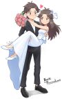  1boy 1girl absurdres bare_shoulders black_footwear blush bouquet brown_eyes brown_hair carrying commission dress full_body heart hetero highres leaf_(pokemon) looking_at_another mr.thunderigor pokemon pokemon_(game) pokemon_frlg princess_carry red_(pokemon) simple_background smile tuxedo wedding_dress white_background white_footwear 