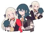  2girls @_@ blue_eyes blue_hair breasts brooch byleth_(female)_(fire_emblem) byleth_(fire_emblem) capelet character_doll cum cum_on_body do_m_kaeru doll edelgard_von_hresvelg fire_emblem fire_emblem:_three_houses gloves hair_ribbon holding holding_doll jewelry long_hair looking_at_another medium_breasts multiple_girls neckerchief open_mouth red_capelet ribbon sweat upper_body vambraces white_background white_gloves white_hair white_neckerchief 