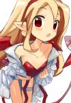  1girl absurdres bare_shoulders blonde_hair breasts demon_girl demon_tail demon_wings disgaea earrings flonne flonne_(fallen_angel) heart heart_earrings highres jank365m jewelry leaning_forward leotard long_hair looking_at_viewer makai_senki_disgaea off_shoulder open_clothes open_mouth open_shirt pointy_ears red_eyes red_leotard ribbon shirt small_breasts solo strapless strapless_leotard tail thigh_gap thigh_strap thighs very_long_hair white_shirt wings 