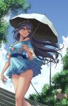  1girl black_hair blue_dress blue_sky breasts brown_horns cleavage clothing_cutout cloud commentary_request day demon_girl demon_horns demon_tail dress expressionless feet_out_of_frame highres holding holding_umbrella horns large_breasts long_hair looking_afar medium_bangs nanashi_inc. off-shoulder_dress off_shoulder open_mouth outdoors pointy_ears ryokuoushoku_hitode shimamura_charlotte sky solo stairs tail tan tree umbrella underboob_cutout very_long_hair virtual_youtuber white_umbrella yellow_eyes 