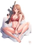  1girl assault_rifle bra breasts brown_hair closed_mouth collarbone covering covering_crotch earrings full_body gold_earrings gun hand_up highres hiroki_ree holding holding_gun holding_weapon jewelry large_breasts lips long_hair nail_polish navel oshi_no_ko panties red_bra red_eyes red_nails red_panties rifle saitou_miyako sitting solo stomach thighs toenail_polish toenails trigger_discipline underwear underwear_only wavy_hair weapon 