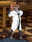  2023 3:4 anthro barefoot blurred_background breasts brown_hair clothing feet female furniture hair halcy0n hand_on_ear hi_res holding_wand mammal necktie open_mouth rodent shirt shrinking size_transformation solo species_transformation standing stool surprise topwear transformation 