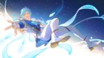  1boy alternate_costume blue_hair blue_sky blush fingerless_gloves flying full_body gloves holostars holostars_english light_particles male_focus official_art open_mouth pants reaching reaching_towards_viewer regis_altare rm-parfait short_hair sky smile solo sparkle teeth upper_teeth_only virtual_youtuber white_footwear white_pants 