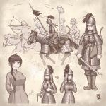 1girl 4boys absurdres ahoge armor arrow_(symbol) boots bow_(weapon) braid breasts closed_mouth dress english_commentary full_body heavy_breathing helmet highres holding holding_bow_(weapon) holding_polearm holding_sword holding_weapon horse large_breasts long_hair looking_at_viewer mongolian_clothes monochrome multiple_boys multiple_views open_mouth original ostwindprojekt polearm riding single_braid smile spear sun sword weapon 