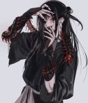  1other black_hair black_robe blood blood_on_face blood_on_hands blush bridal_gauntlets bug centipede grey_background hair_bun highres jigokuraku long_hair looking_at_viewer mono1010101 open_mouth red_eyes robe shija simple_background smile solo 