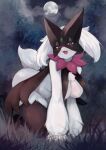  2022 anthro biped black_body bowchan breasts cleavage clothed clothing detailed_background digital_media_(artwork) female generation_9_pokemon green_body hi_res kneeling looking_at_viewer meowscarada moon night nintendo open_mouth pink_eyes pokemon pokemon_(species) solo 
