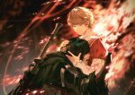 2boys armor black_cape black_hair blue_eyes brothers cape clive_rosfield crying earrings fan_mu_zhang final_fantasy final_fantasy_xvi fire highres jewelry joshua_rosfield multiple_boys open_mouth red_robe robe siblings sword sword_behind_back tears weapon 