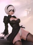  1girl 2b_(nier:automata) arm_support arms_behind_back ass_visible_through_thighs black_blindfold black_dress black_gloves black_hairband black_leotard blindfold breasts brown_thighhighs cleavage cleavage_cutout clothing_aside clothing_cutout covered_eyes dress dress_aside feather-trimmed_sleeves freli gloves groin hairband highleg highleg_leotard highres lace-trimmed_thighhighs leotard lips medium_breasts multicolored_clothes multicolored_gloves nier:automata nier_(series) parted_lips patreon_logo patreon_username short_hair sitting solo thighhighs two-tone_gloves white_gloves white_hair white_leotard 