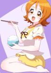 1girl :o bowl brown_eyes brown_hair chopsticks commentary_request eating eyelashes food happinesscharge_precure! happy holding holding_chopsticks oomori_yuuko open_mouth osarutukamaeru precure rice rice_bowl short_hair sitting skirt smile solo yellow_skirt 