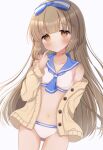  1girl arm_behind_back blonde_hair blue_ribbon blush collarbone crop_top hair_ribbon highres jacket long_hair looking_at_viewer navel ogakororomi open_clothes open_jacket orange_eyes panties ribbon simple_background solo underwear white_background white_panties yellow_jacket 