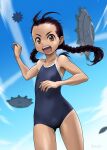  1girl antenna_hair ass_visible_through_thighs black_hair blue_sky braid breasts brown_eyes cloud commentary_request competition_school_swimsuit forehead grey_one-piece_swimsuit highres low_twintails one-piece_swimsuit open_mouth original rohitsuka running school_swimsuit sky small_breasts solo swimsuit teeth twin_braids twintails ufo upper_teeth_only 