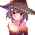  1girl armpit_crease bare_shoulders blunt_bangs blush breasts brown_hair cleavage closed_mouth collarbone hat highres kono_subarashii_sekai_ni_shukufuku_wo! long_sleeves looking_at_viewer megumin myuc-ed8s red_eyes short_hair short_hair_with_long_locks sidelocks simple_background small_breasts solo witch witch_hat 