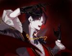  black_background black_gloves black_hair black_jacket chinese_commentary commentary_request dark emlyn_white fangs gem gloves glowing highres jacket lingluorz looking_at_viewer lord_of_the_mysteries open_mouth outstretched_arms pale_skin red_eyes shirt simple_background spread_arms tongue vampire white_shirt 