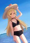  1girl ahoge bikini black_bikini black_choker blonde_hair blush bocchi_the_rock! brown_headwear choker cowboy_shot day gotoh_hitori gotoh_hitori_(octopus) hat highres ijichi_seika kuramoto_takato long_hair navel ocean open_mouth outdoors red_eyes solo straw_hat swimsuit 