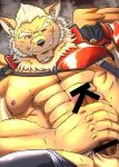  anthro canid genitals hair hi_res male mammal marchosias_(tas) masturbation muscular muscular_male nipples one_eye_closed penile penile_masturbation penis run_aki simple_background solo white_hair 