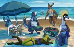  agamid anthro aurelie_spellmire_(character) avian beach beach_chair beach_towel beverage bikini bird bovid caprine chair clothed clothing cloud cooler crane_(bird) crowned_crane domestic_cat dregadude eyewear felid feline felis female frilled_lizard furniture grey_crowned_crane group gruiform horizon inflatable inner_tube kangaroo lagomorph leporid lizard lying macropod male mammal marsupial olivia_coniglia_(character) on_front panicking phone purse rabbit relaxing reptile running sand scalie sea seaside sheep smile speedo speedo_only sunglasses swimming_trunks swimwear topless towel umbrella water yelling 