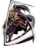  1boy armor black_hair brown_eyes full_body gate_of_nightmares highres holding holding_sword holding_weapon japanese_armor katana long_hair looking_at_viewer mashima_hiro official_art ponytail ranmaru_(gate_of_nightmares) red_armor solo sword transparent_background weapon 