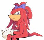  1boy animal_nose bow closed_mouth furry furry_male gloves highres hyeon_sonic knuckles_the_echidna looking_at_viewer male_focus purple_bow purple_eyes red_fur simple_background sitting solo sonic_(series) tail white_background white_gloves 