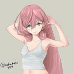  1girl akashi_(kancolle) alternate_breast_size blunt_tresses breasts commentary_request green_eyes grey_background hair_ribbon highres kantai_collection long_hair navel neko_no_hige one-hour_drawing_challenge pink_hair ribbon small_breasts solo tank_top tress_ribbon twitter_username upper_body white_tank_top 