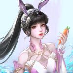  1girl absurdres animal_ears arm_up bare_shoulders black_hair braid carrot closed_mouth douluo_dalu dress expressionless gradient_background highres holding holding_carrot long_hair orange_eyes pink_dress qing_mu_ya_ii rabbit_ears shiny_skin solo upper_body water waves xiao_wu_(douluo_dalu) 