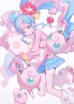  1girl amana_(pocketkey) blue_skirt bull_sprite_(pokemon) cardigan clefairy_sprite_(pokemon) earrings fairy_miku_(project_voltage) flower fossil_sprite_(pokemon) hair_flower hair_ornament hatsune_miku highres igglybuff jewelry jigglypuff leg_warmers long_hair looking_at_viewer multicolored_hair pink_cardigan pink_footwear poke_ball pokemon pokemon_(creature) project_voltage scrunchie skirt twintails two-tone_hair very_long_hair vocaloid white_background wrist_scrunchie 