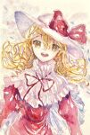  1girl :d blonde_hair bow capelet curly_hair dot_nose dress drill_hair elly_(touhou) frilled_capelet frills hair_between_eyes hat hat_bow highres long_hair looking_at_viewer navybluesparrow neck_ribbon open_mouth painting_(medium) red_bow red_dress red_ribbon ribbon smile solo sun_hat teeth touhou touhou_(pc-98) traditional_media upper_body upper_teeth_only watercolor_(medium) white_capelet white_headwear yellow_eyes 