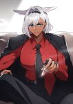  animal_ears belt black_hairband black_jacket blue_eyes breasts caenis_(fate) cigarette collared_shirt dark-skinned_female dark_skin dress_shirt fate/grand_order fate_(series) hair_intakes hairband highres holding holding_cigarette jacket large_breasts looking_at_viewer necktie open_clothes open_jacket sabamori shirt suit_jacket 