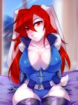 anthro belt big_breasts breasts cleavage clothed clothing drakkin durabelle female fur gloves hair handwear hi_res lagomorph latex leotard leporid looking_at_viewer mammal partially_unzipped rabbit red_eyes red_hair sitting solo superhero white_body white_fur zipper 